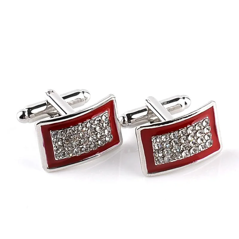 Smooth Silver-Tone Rectangular Crystal Cufflinks High-End