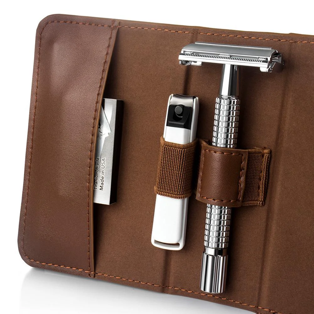 Sustainable Maquinilla de afeitar de viaje con estuche de cuero vintage Elite