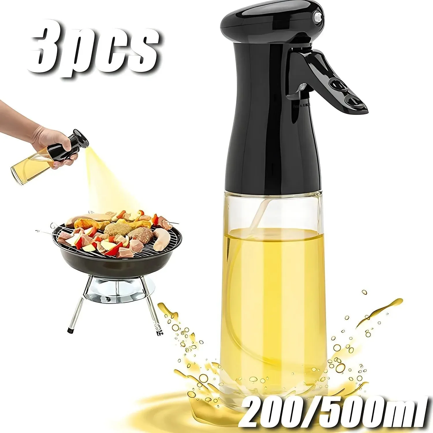 Elite Juego de 3 botellas rociadoras de aceite 200 ml y 500 ml para cocinar hacer ejercicio y hacer barbacoas. Breathable