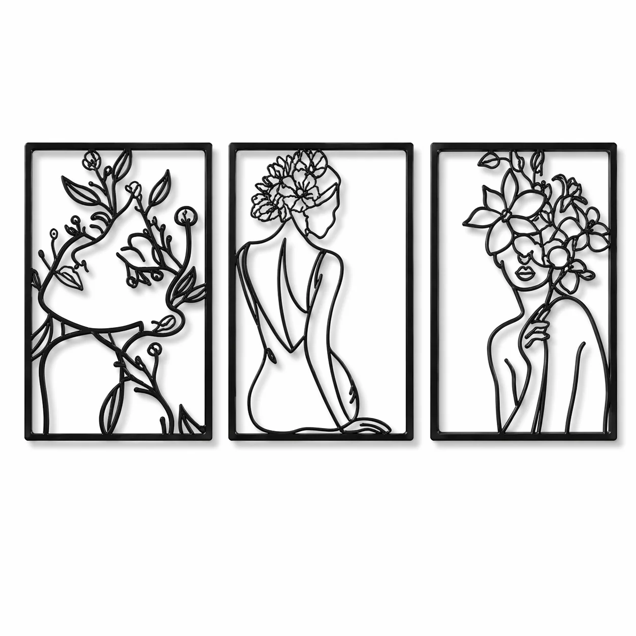 Dependable Botanical Muse Trio-Black Framed Line Art Metal Wall Decor Set of 3 Carefully Designed
