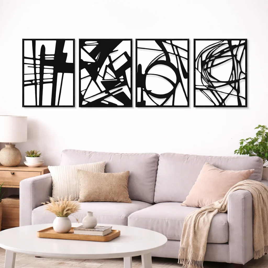 Reliable Linear Grid Quartet-Black Framed Abstract Metal Wall Art Set of 4 Refined