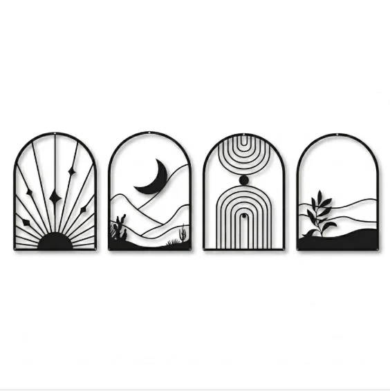 Luxury Sunburst Arches Quartet-Black Framed Abstract Metal Wall Art Set of 4 Selected