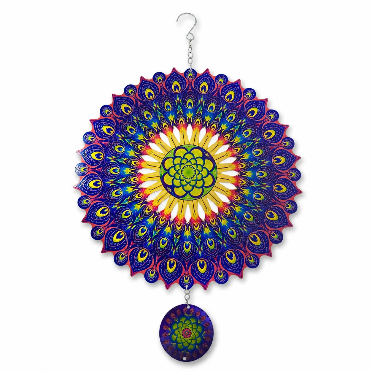 Fine Crafted Mandala Stainless Steel Wind Spinner with Hanging Charm Disc 12in – 3D Outdoor Garden Decor Certified