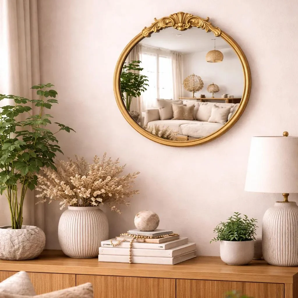 Prestigious Ornate Gold Round Wall Mirror 19.7in – Vintage Decorative Accent Mirror with Crest Detail Safe