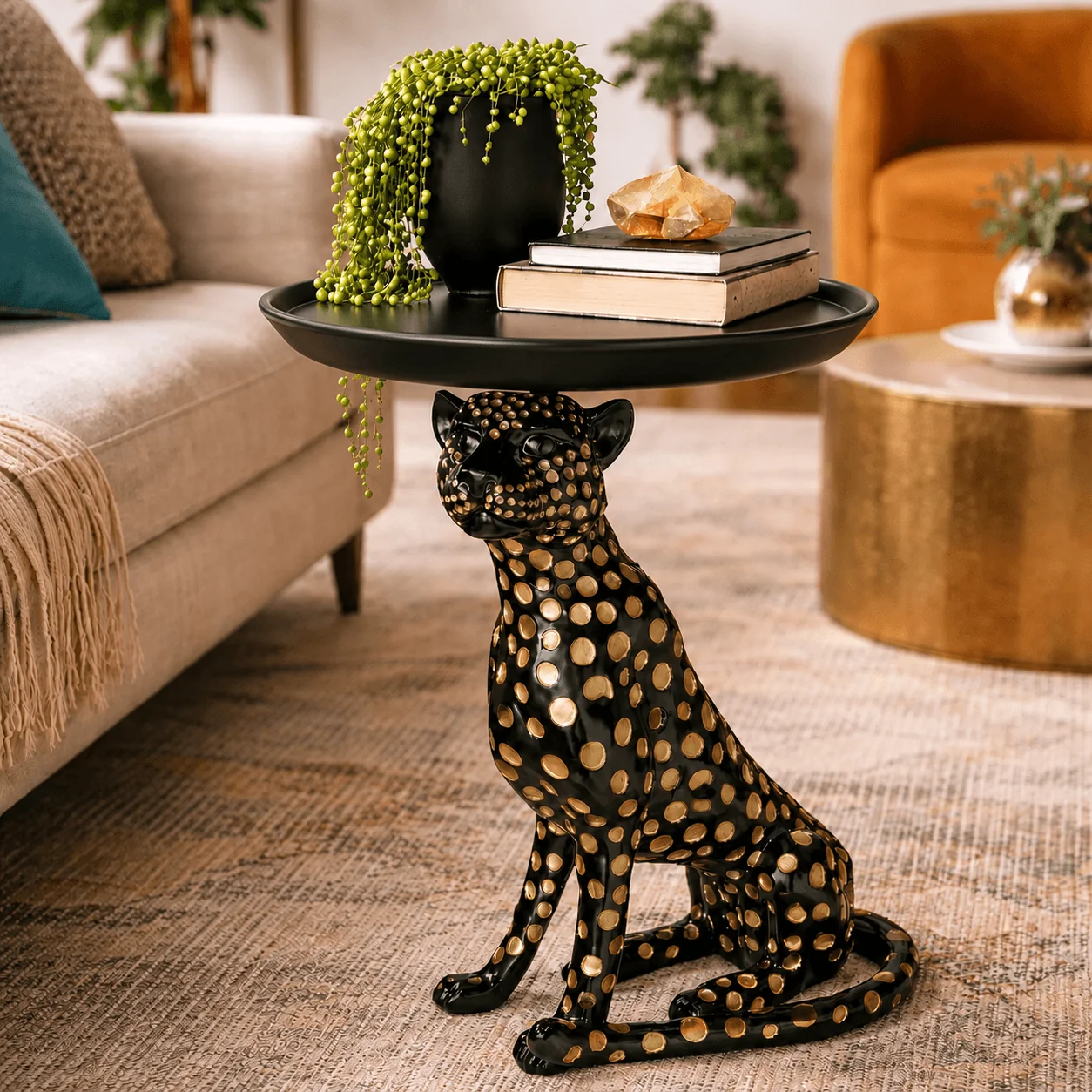 Top-Quality Atelier Leopard Tray Side Table-Sculptural Accent with Matte Black Round Tray Efficient