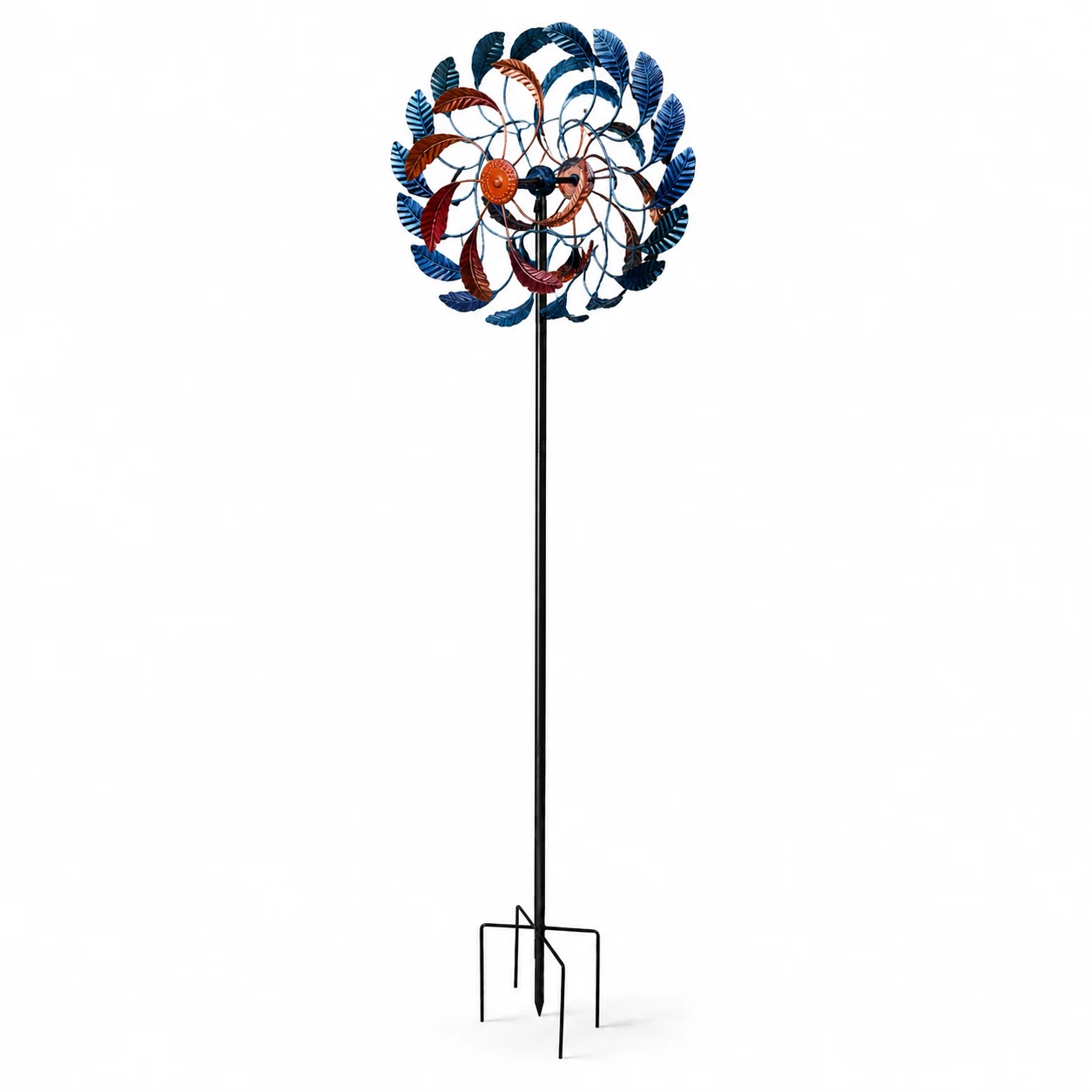 Contemporary Blue Copper Leaf Kinetic Wind Spinner-Metal Garden Stake Sculpture Flexible