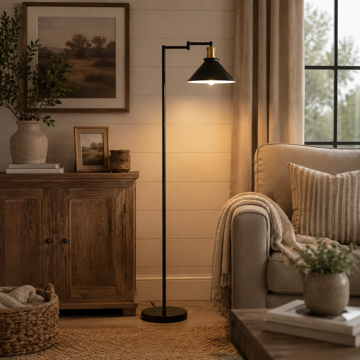 Detailed Swing-Arm Task Floor Lamp-Black Iron Adjustable Arm Metal Shade Secure