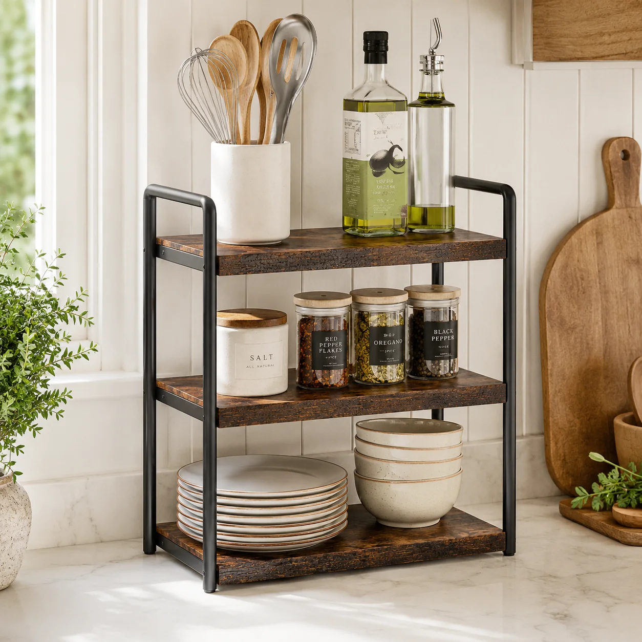 Fine Crafted Rustic 3-Tier Countertop Shelf Organizer Green