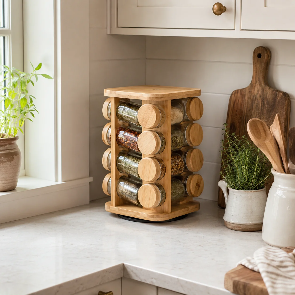 User-Friendly Bennett 12-Jar Bamboo Spice Rack Carousel with Glass Jars High-Performance