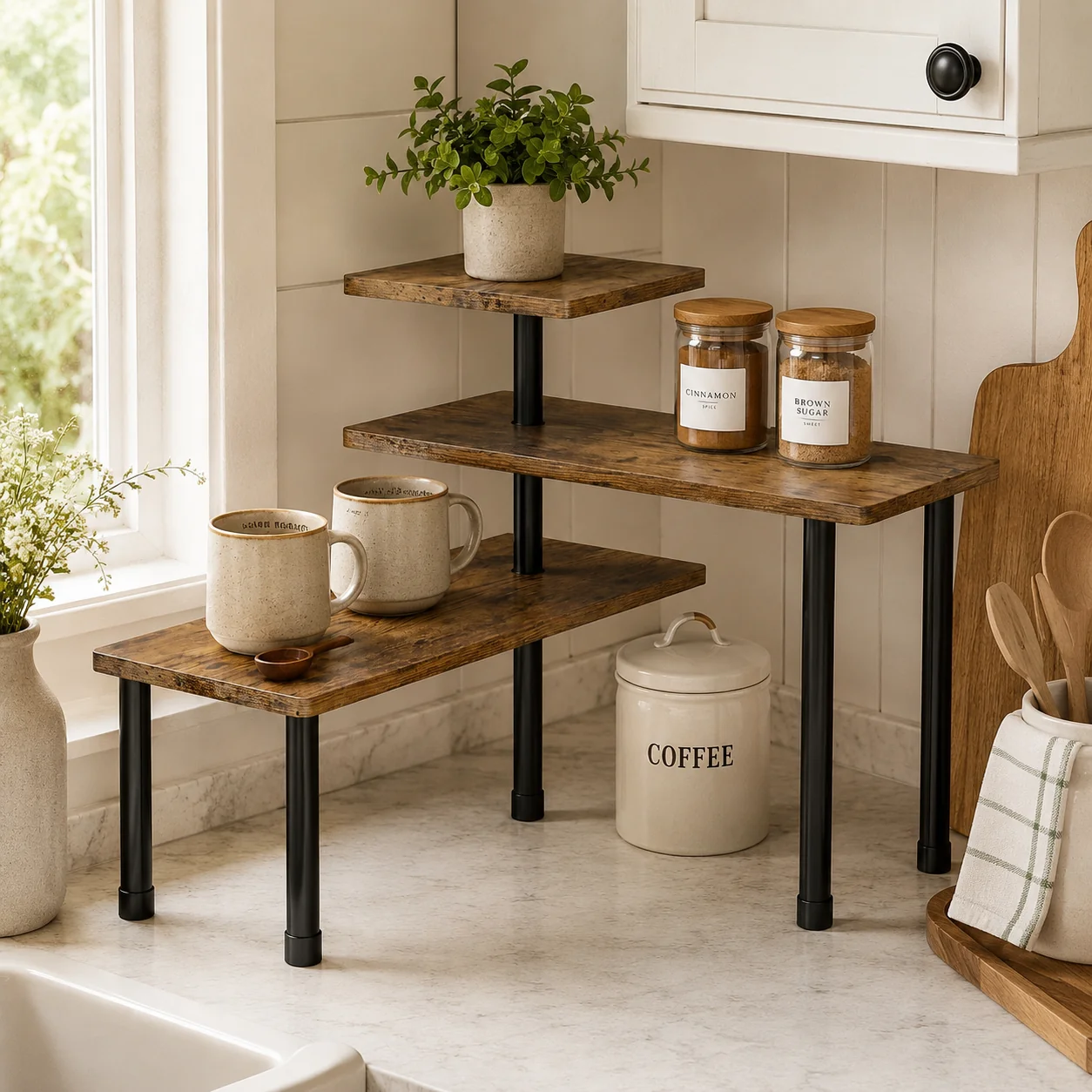 Comfortable Rustic 3-Tier Countertop Riser Shelf for Kitchen Counter Organization Trusted