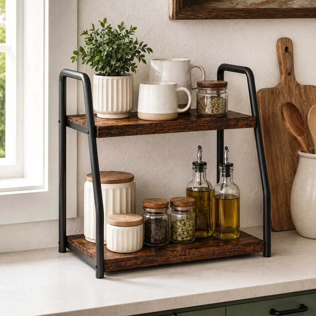 Premium Rustic 2-Tier Countertop Shelf Organizer with Side Frame Clean