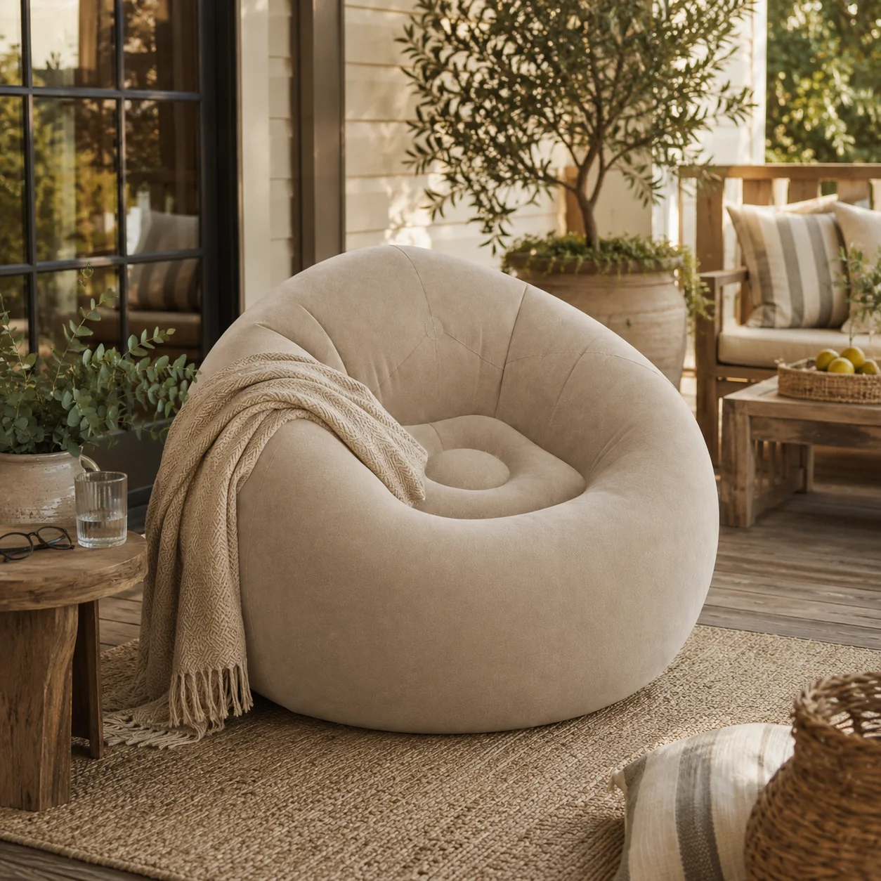 Comfortable Mocha Inflatable Lounge Chair for Relaxed Indoor Outdoor Seating Smooth