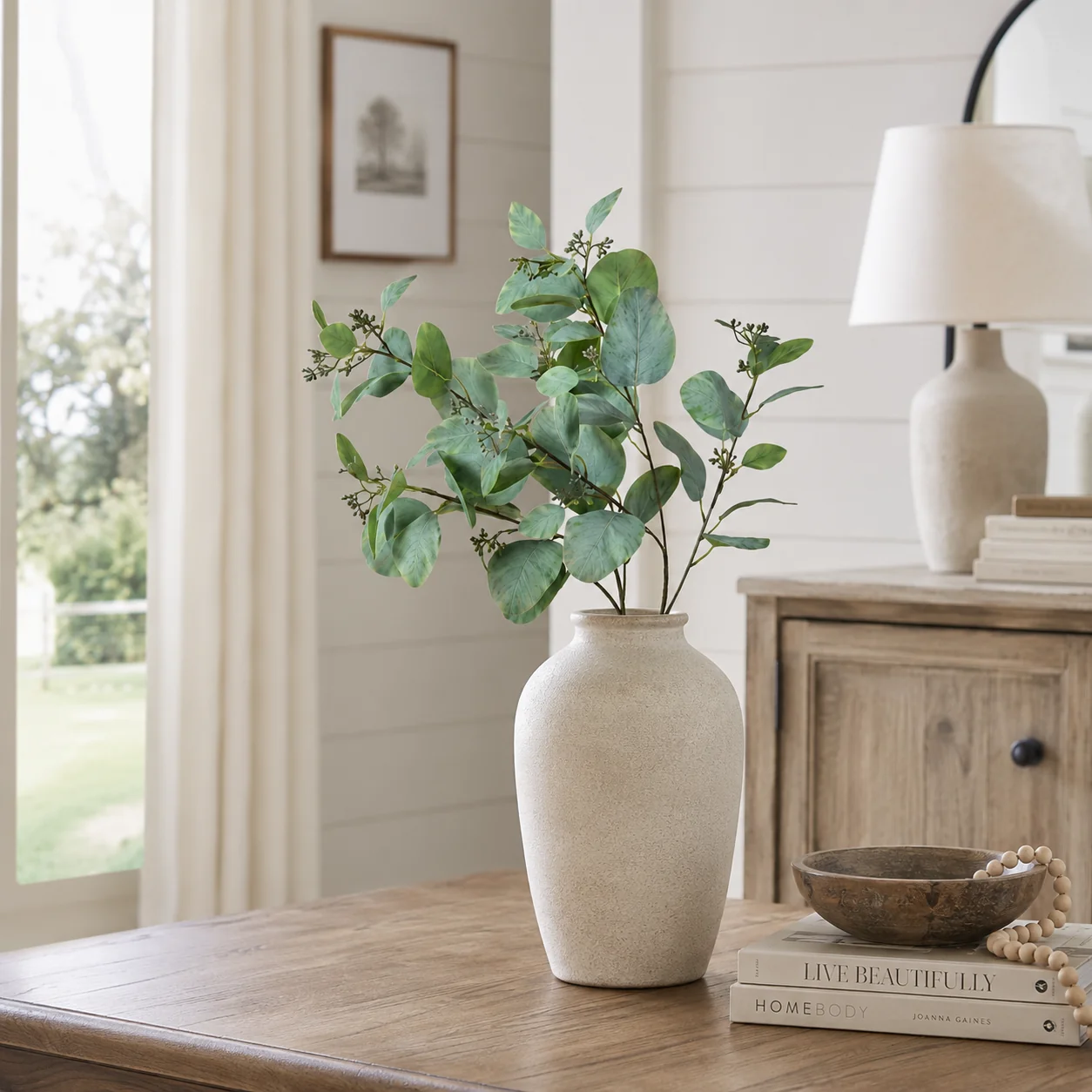 Elegant Faux Eucalyptus Stem 33.86in 3-Fork Pure