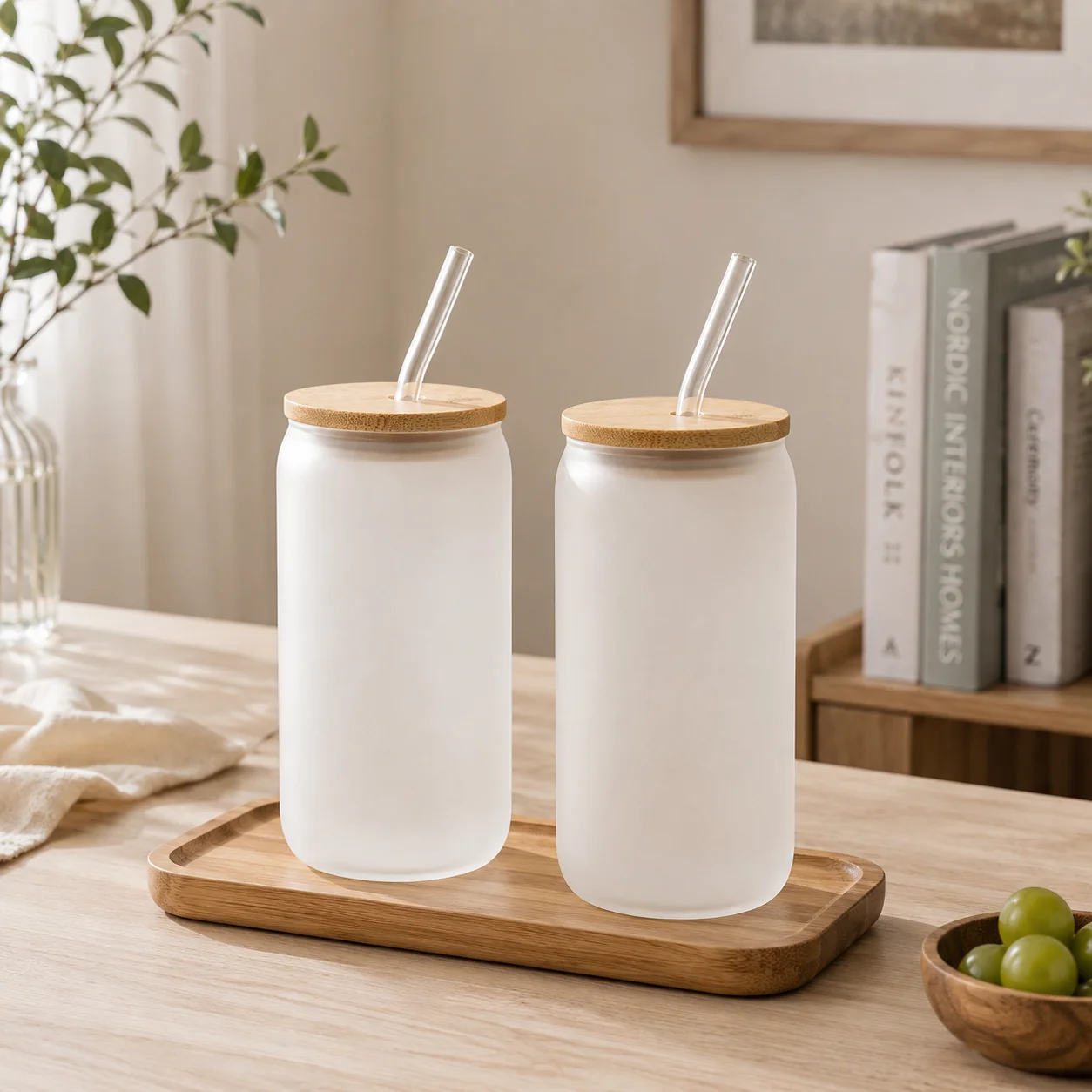Authentic Frosted Glass Cup Set of 2-16oz with Bamboo Lids Glass Straws Secure