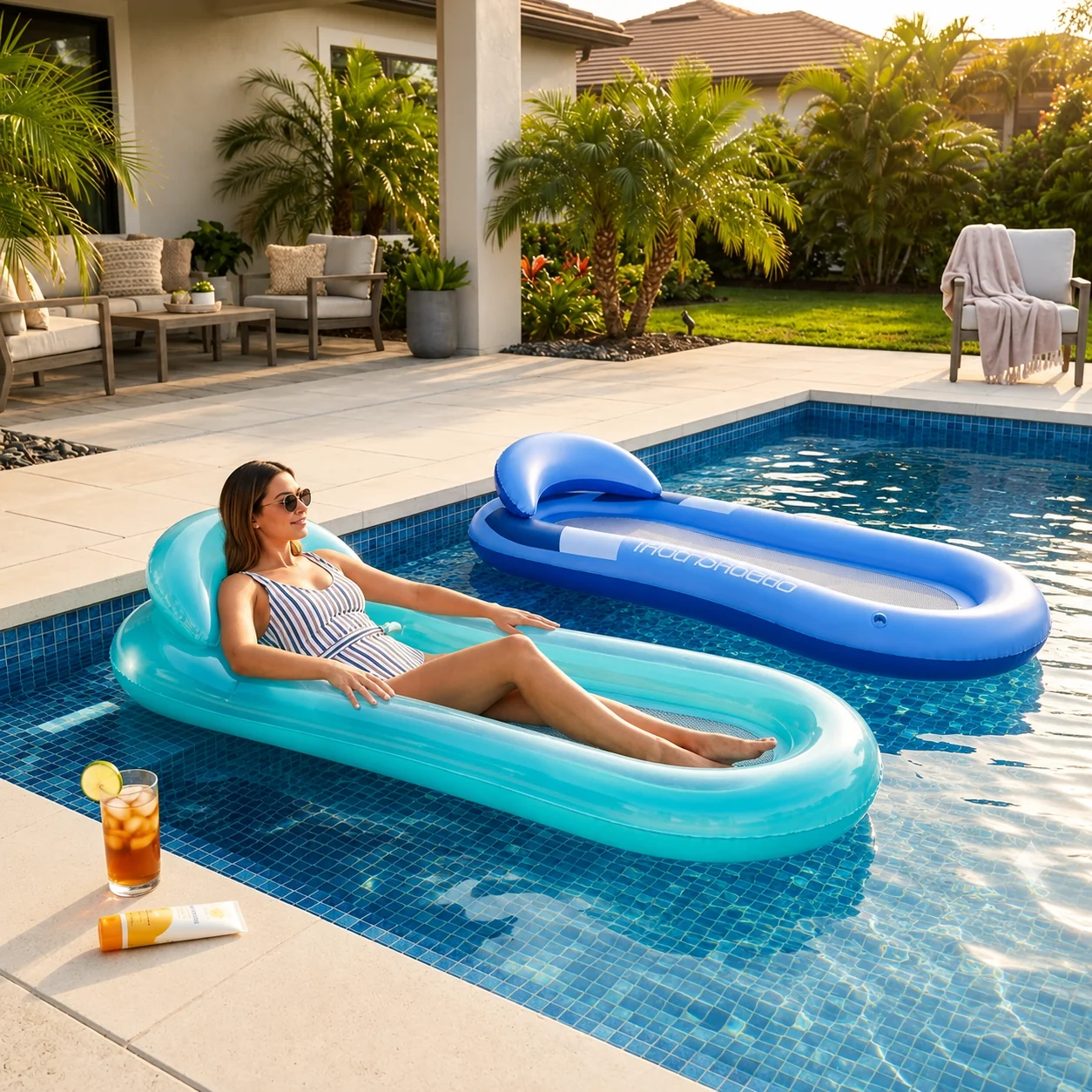 Original Inflatable Mesh Hammock Pool Lounger with Headrest Functional