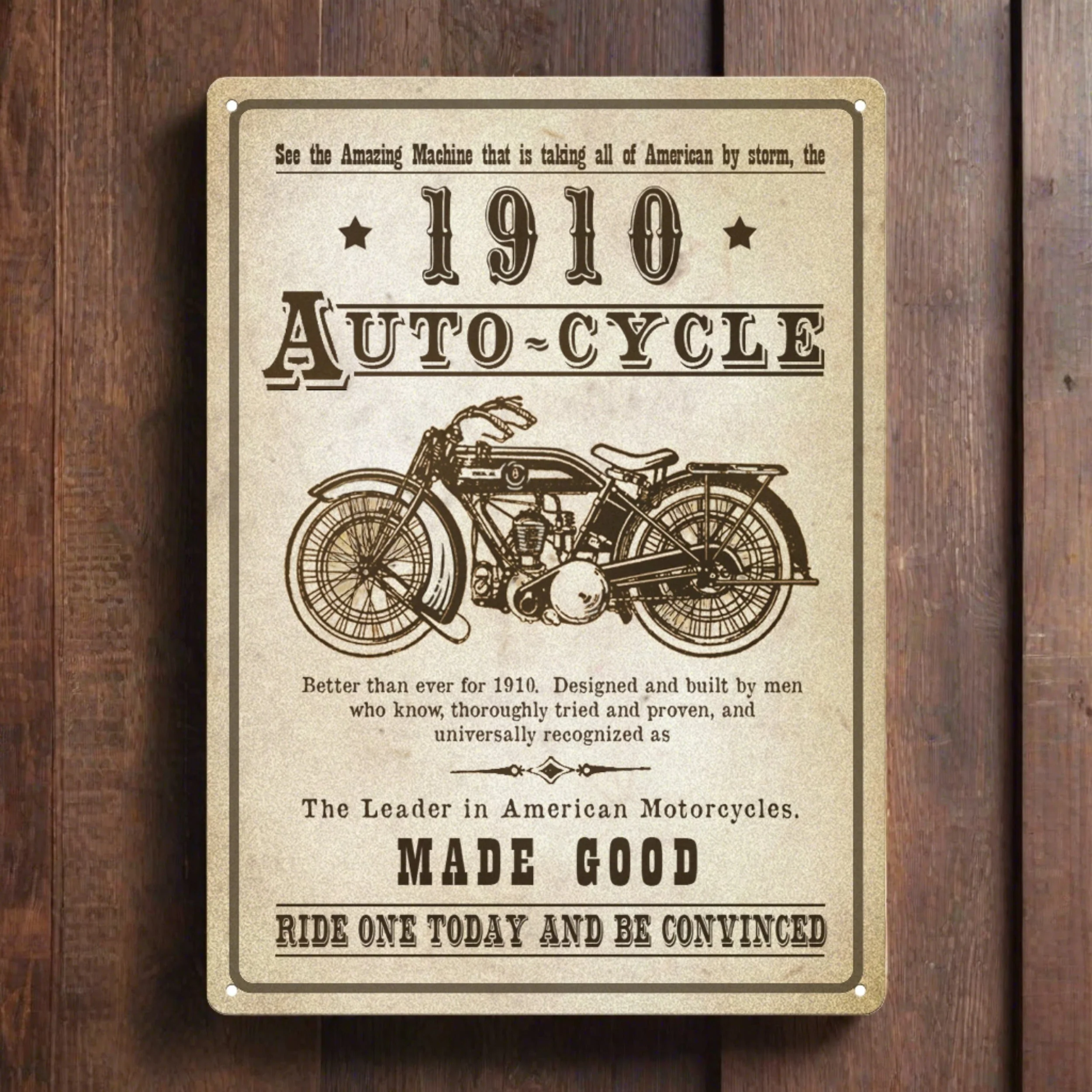Quality Tin Sign 12in x 17in-1910 Auto-Cycle Green