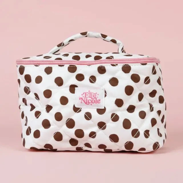 Prestigious Quilted Handle Cosmetic Bag – Brown Polka Dots Expertly Made