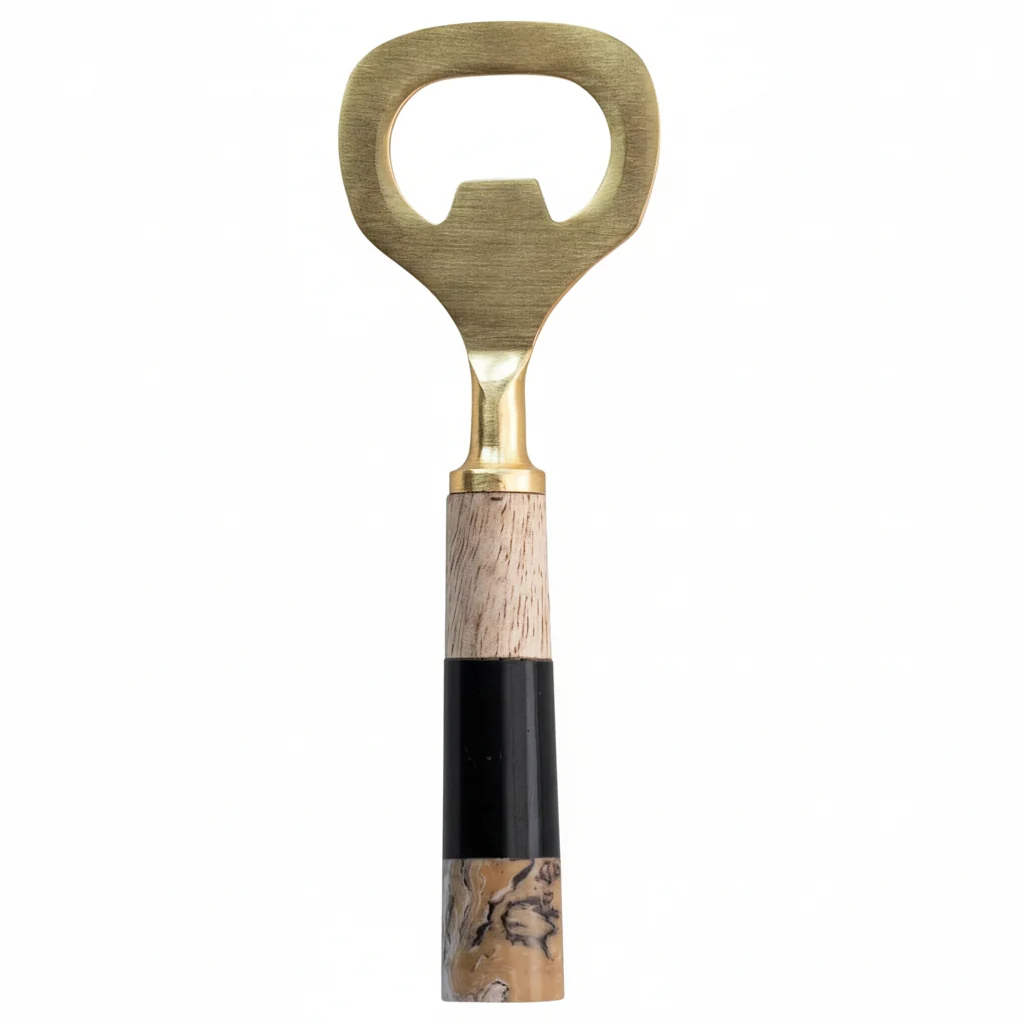 Efficient Stainless Steel Bottle Opener with Marbled Resin and Mango Wood Handle Gold and Multicolor Green
