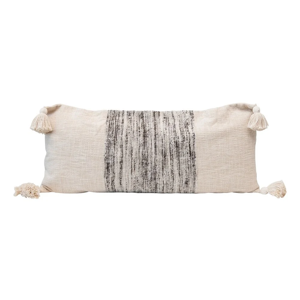 Sustainable Lumbar Pillow Cotton Varigated Grey Tassels Cream Eco-Friendly