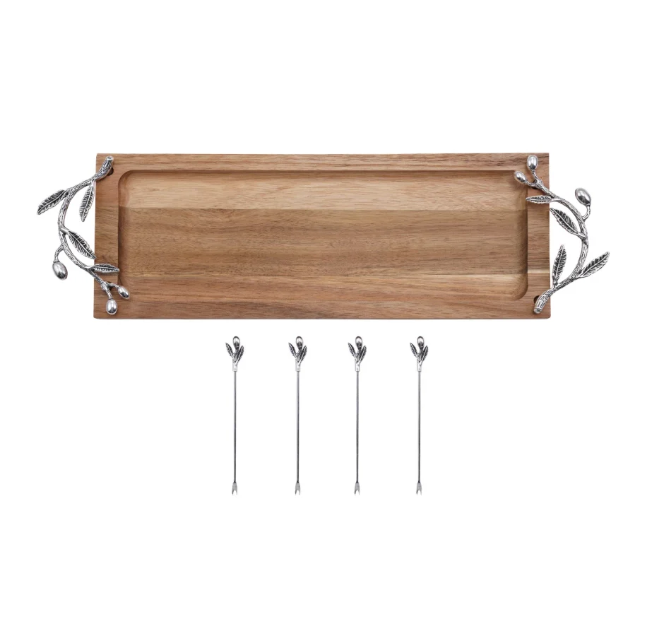 Exceptional Acacia Wood Tray w 4 Appetizer Picks Expertly Made