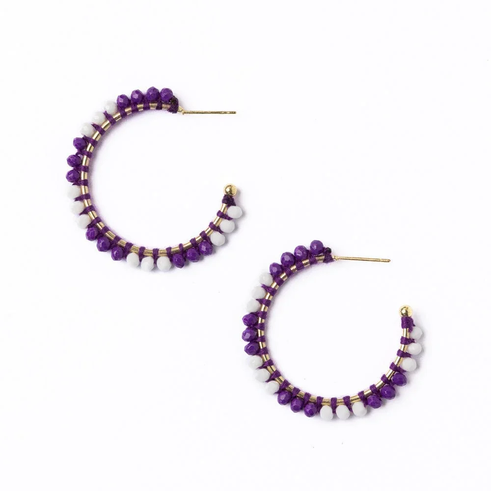 Healthy Game Day Crystal Threaded Beads Hoop Earrings Purple White Secure