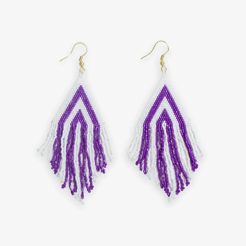 Enhanced Gameday Stacked Triangle Beaded Fringe Earrings Purple White Premium