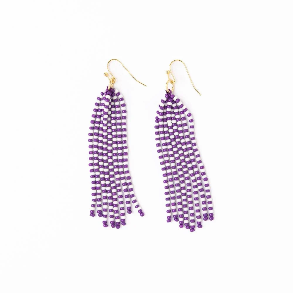 Versatile Game Day Tassel Seed Bead Earrings Purple White Proven