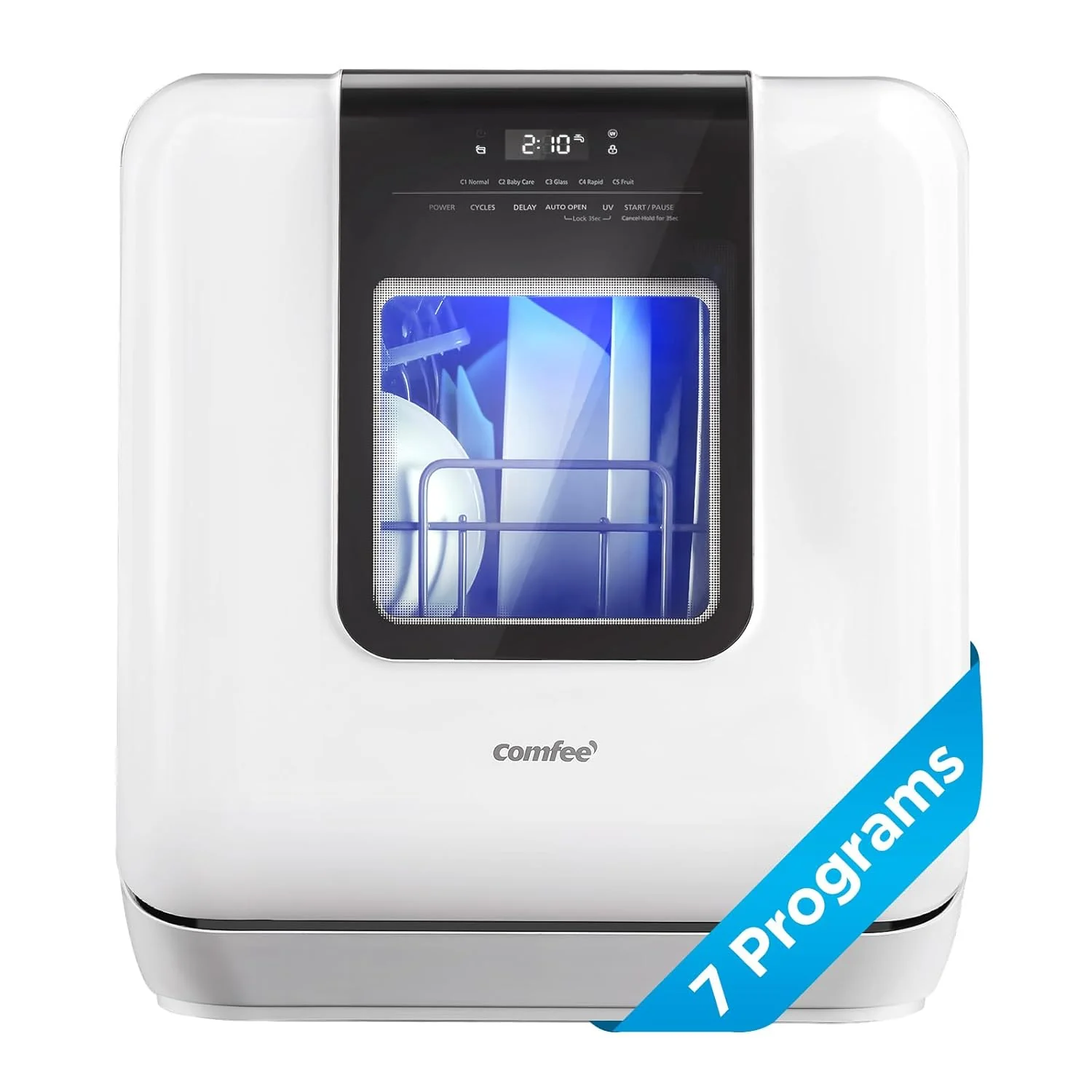High-Quality COMFEE’ Countertop Dishwasher – 6L Built-in Water Tank 7 Programs UV Hygiene Auto Door Open for Apartments Dorms R White Elite