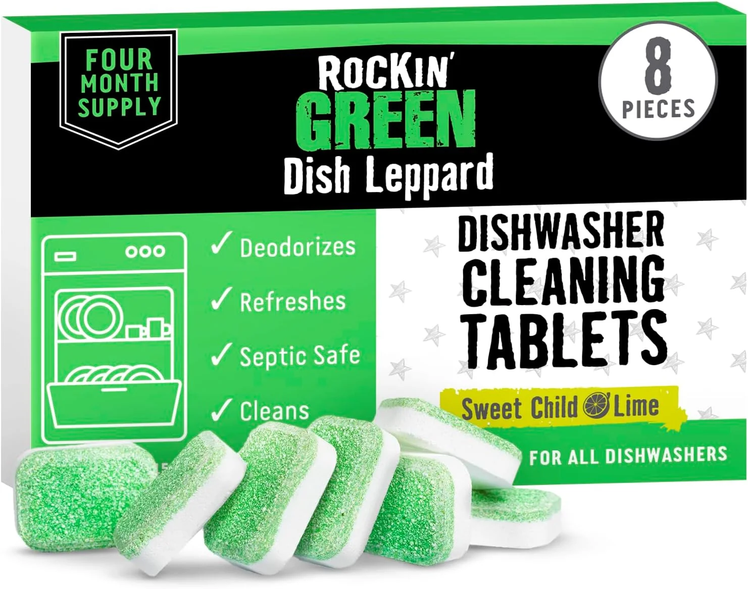 Selected Rockin’ Green Dishwasher Cleaner Tablets 8 Pack – Septic Safe Dishwasher Cleaning Tablets Dishwasher Cleaner and Deodorizer Breathable