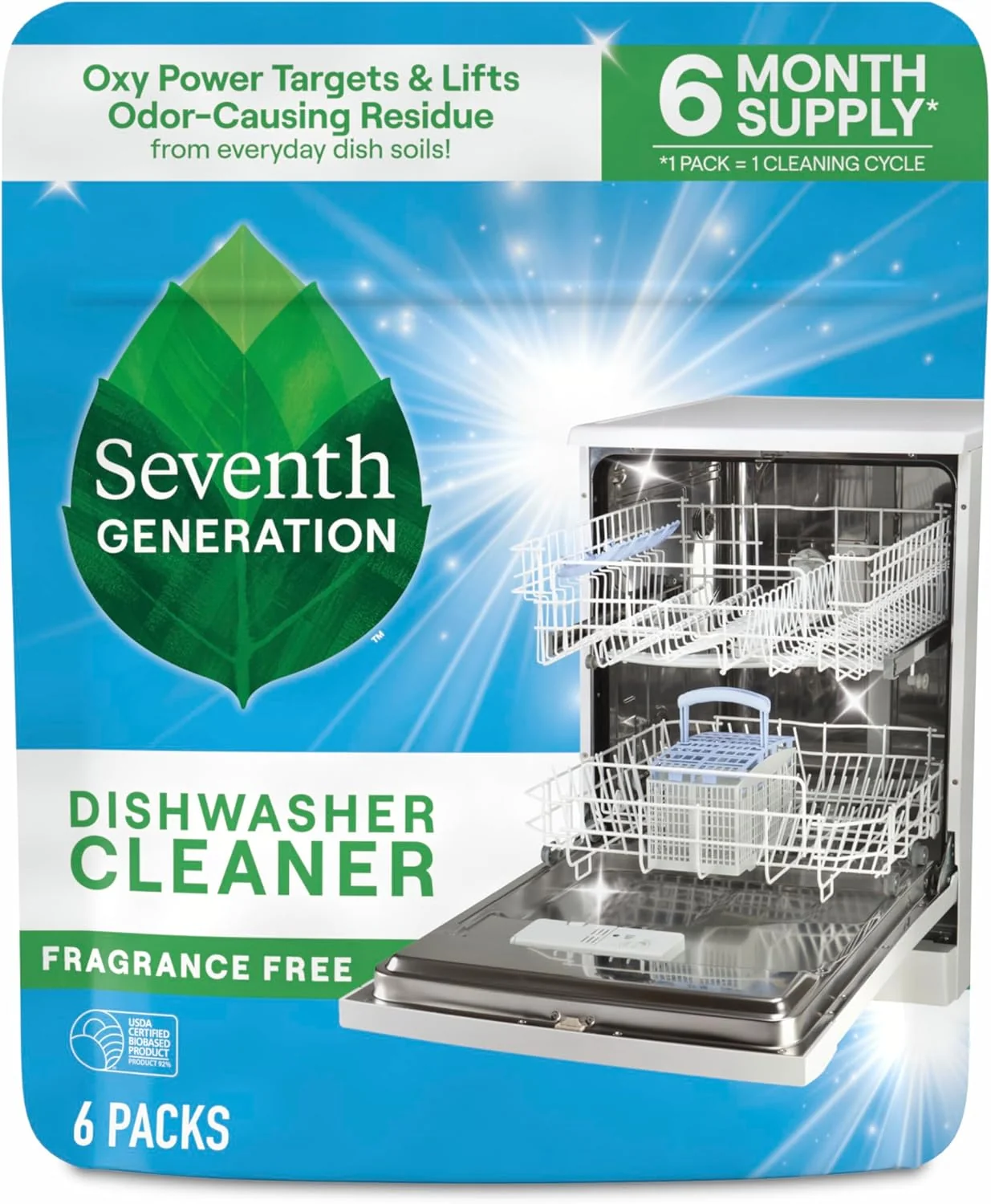Original Seventh Generation Dishwasher Cleaning Packs – Clear Oxy Power Removes Odor-Causing Residue 6 Count Effective