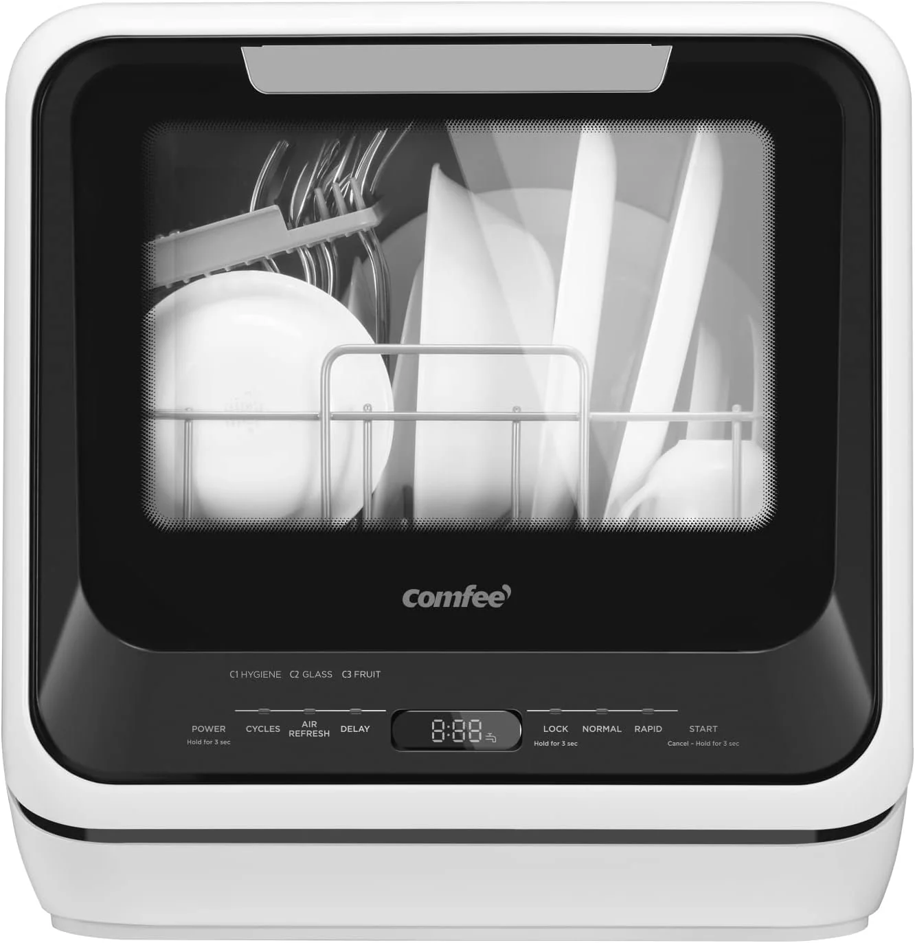 High-End COMFEE’ Portable Mini Countertop Dishwasher – 5L Built-in Water Tank No Hookup Needed 6 Programs 360° Dual Spray High-Temp Air-Dry Fashionable