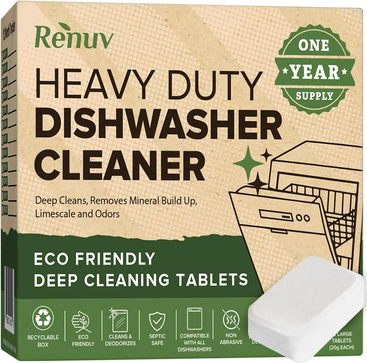 Original Design Heavy Duty Dishwasher Cleaner and Deodorizer Tablets Descaler Deep Cleaning Natural Odor and Smell Remover Calcium Limescale Hard Water Marks Proven