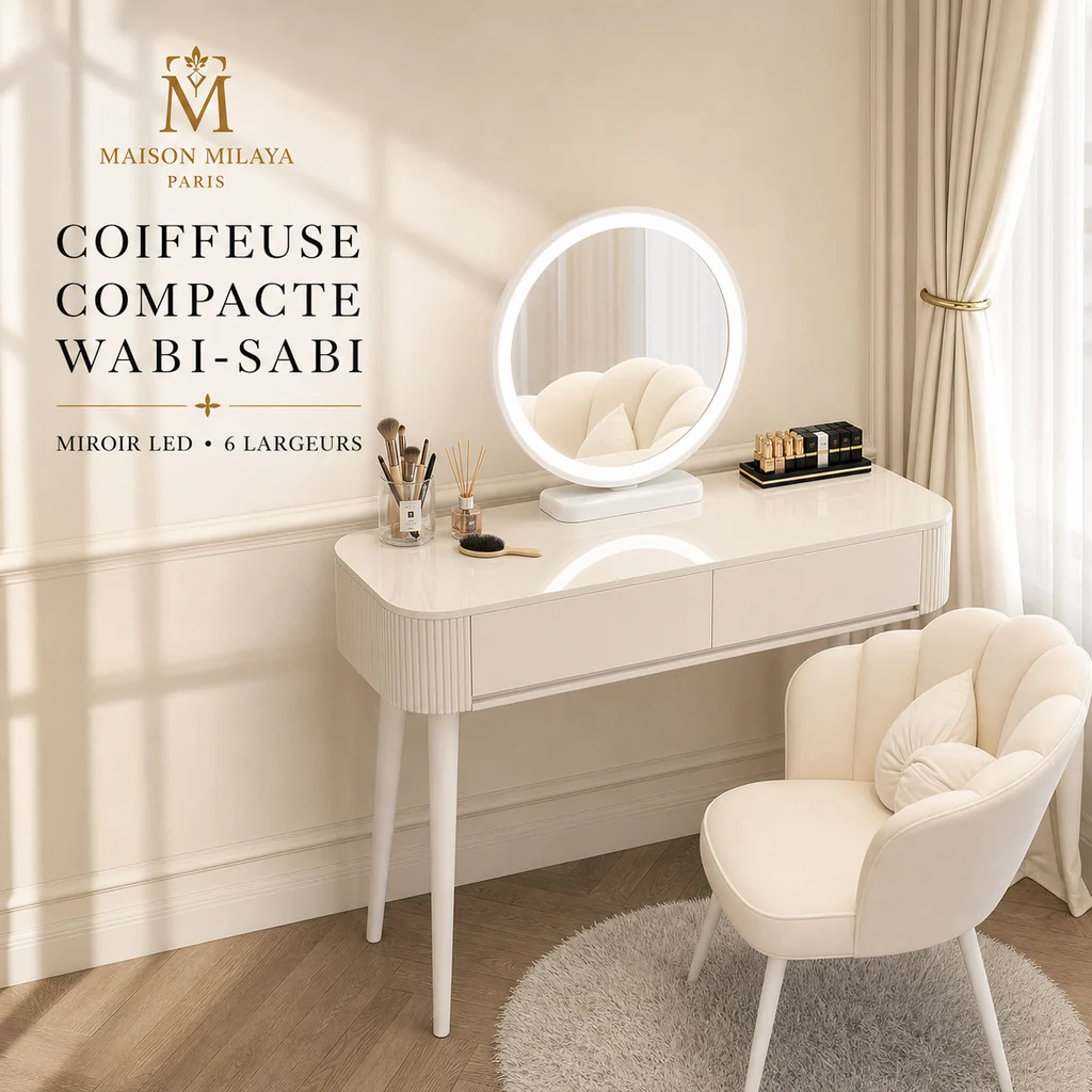 High-End Coiffeuse Compacte avec Miroir LED et Rangements – Maison Milaya Pure