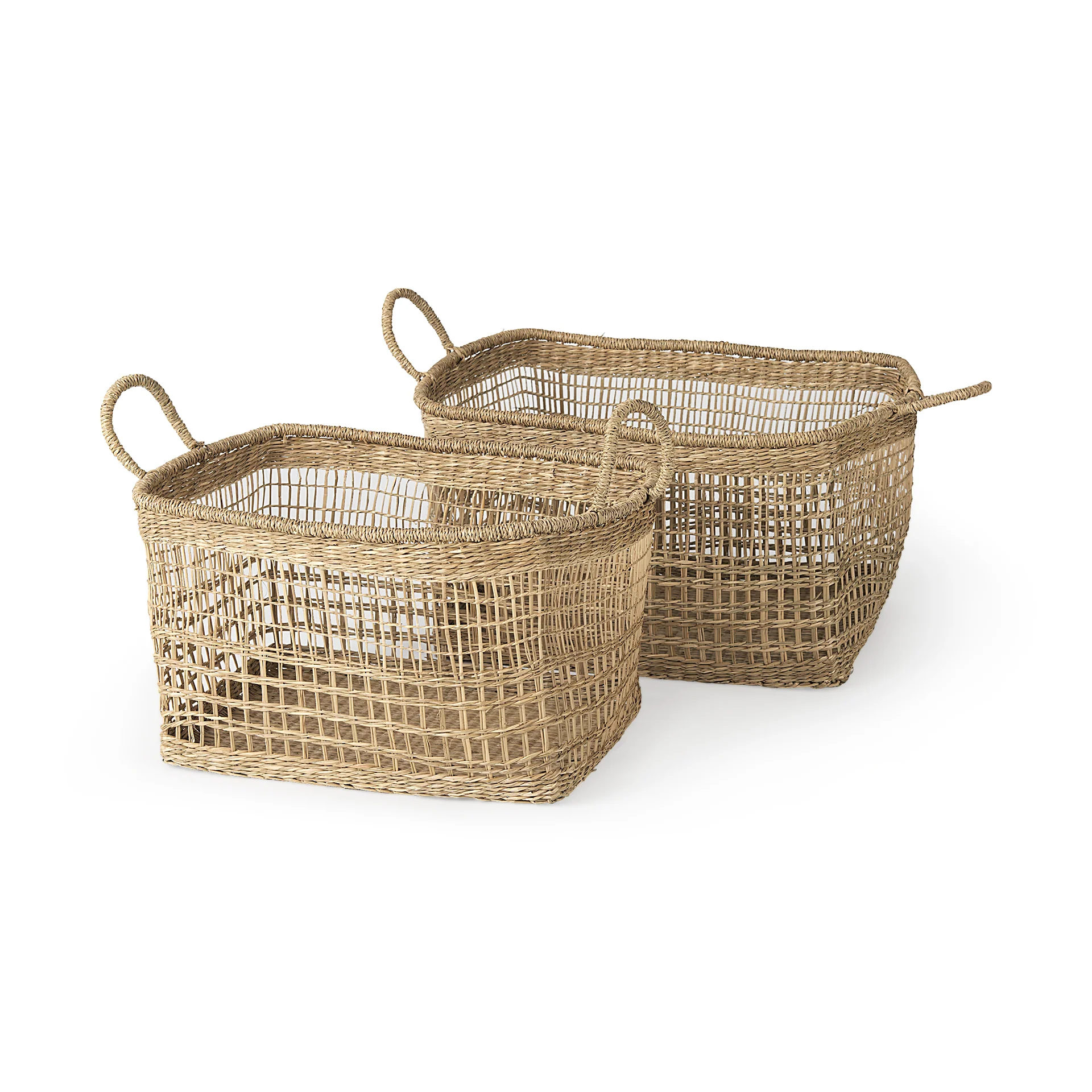 Contemporary Bellisa 18.5L x 14.6W x 11.0H Set of 2 Medium Brown Seagrass Rectangular Basket W Handles Enhanced