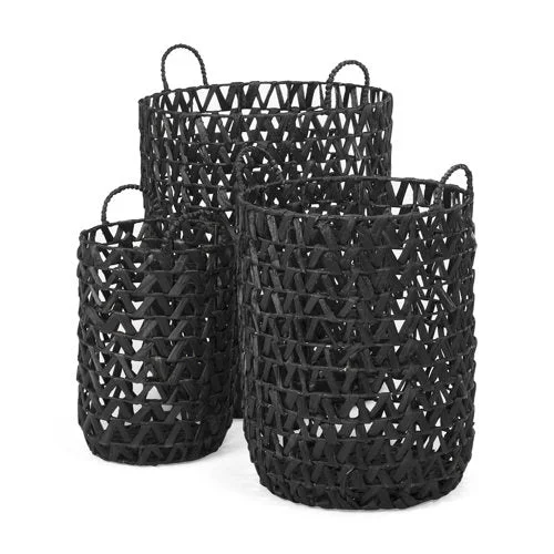 Environmentally Friendly Lola 19.7L x 19.7W x 23.6 Set of 3 Black Water Hyacinth Zig Zag Weave Round Basket W Handles Durable