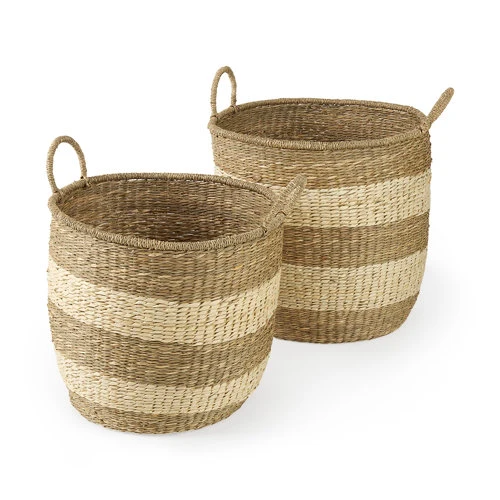 Quality Bradley 18.1L x 18.1W x 16.0H Set of 2 Light Brown W Striped Seagrass Basket W Handles Long-Lasting