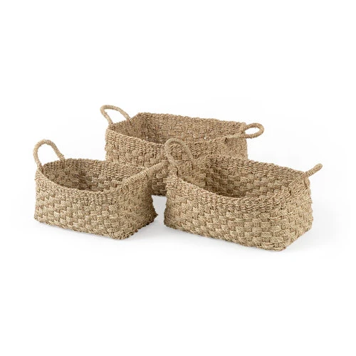 Expertly Made Emra 17.3L x 11.8W x 7.9H Set of 3 Light Brown Seagrass Rectangular Basket W Handles Secure