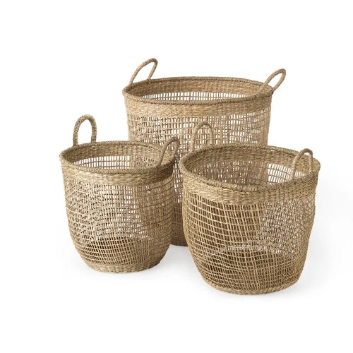 Effective Bowie 19.7L x 19.7W x 19.7H Set of 3 Medium Brown Seagrass Round Basket W Handles Efficient