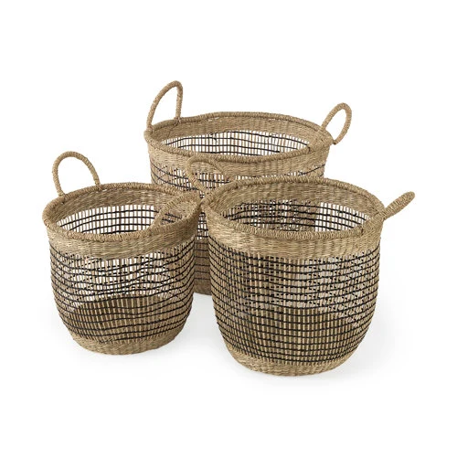 Smart Triopas Set of 3 Medium Brown Seagrass Round Basket W Handles Convenient
