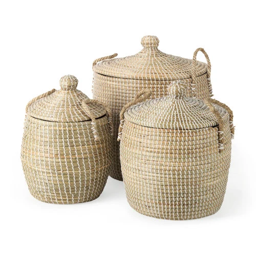Healthy Olivia 15.7L x 15.7W x 17.3H Set of 3 Beige Seagrass Basket W Lid and Handles Stylish