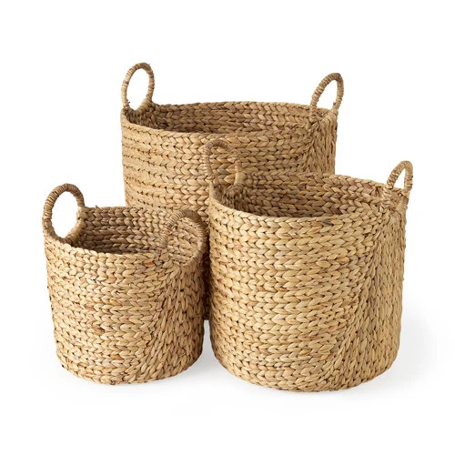 Clean Sivan 19.7L x 19.7W x 23.6H Set of 3 Light Brown Water Hyacinth Round Basket W Handles Easy-to-Use