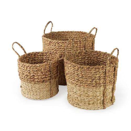 Next-Generation Morocco 15.7L x 15.7 Set of 3 Brown Two Tone Water Hyacinth and Cornhusk Round Basket W Handles Healthy