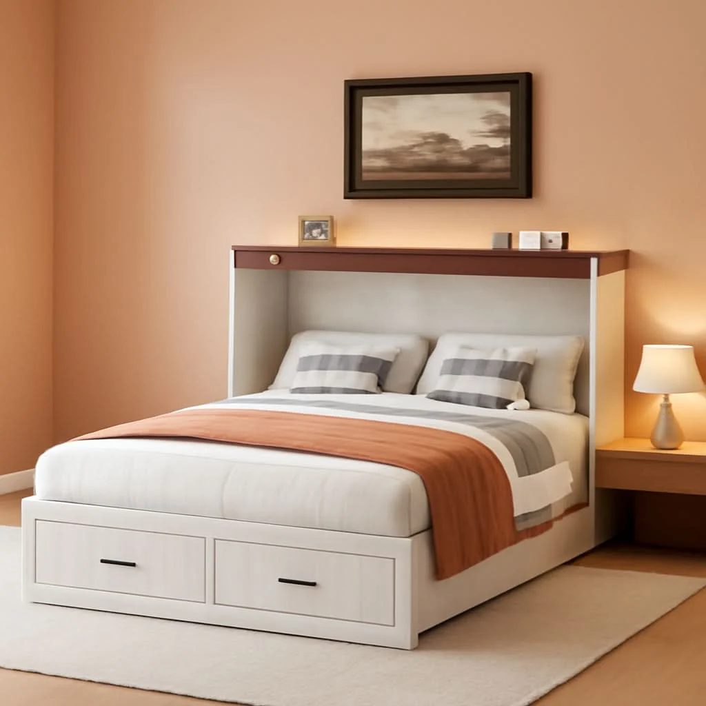 Lightweight Queen Murphy Bed Frame Integrated Charging Station White Healthy