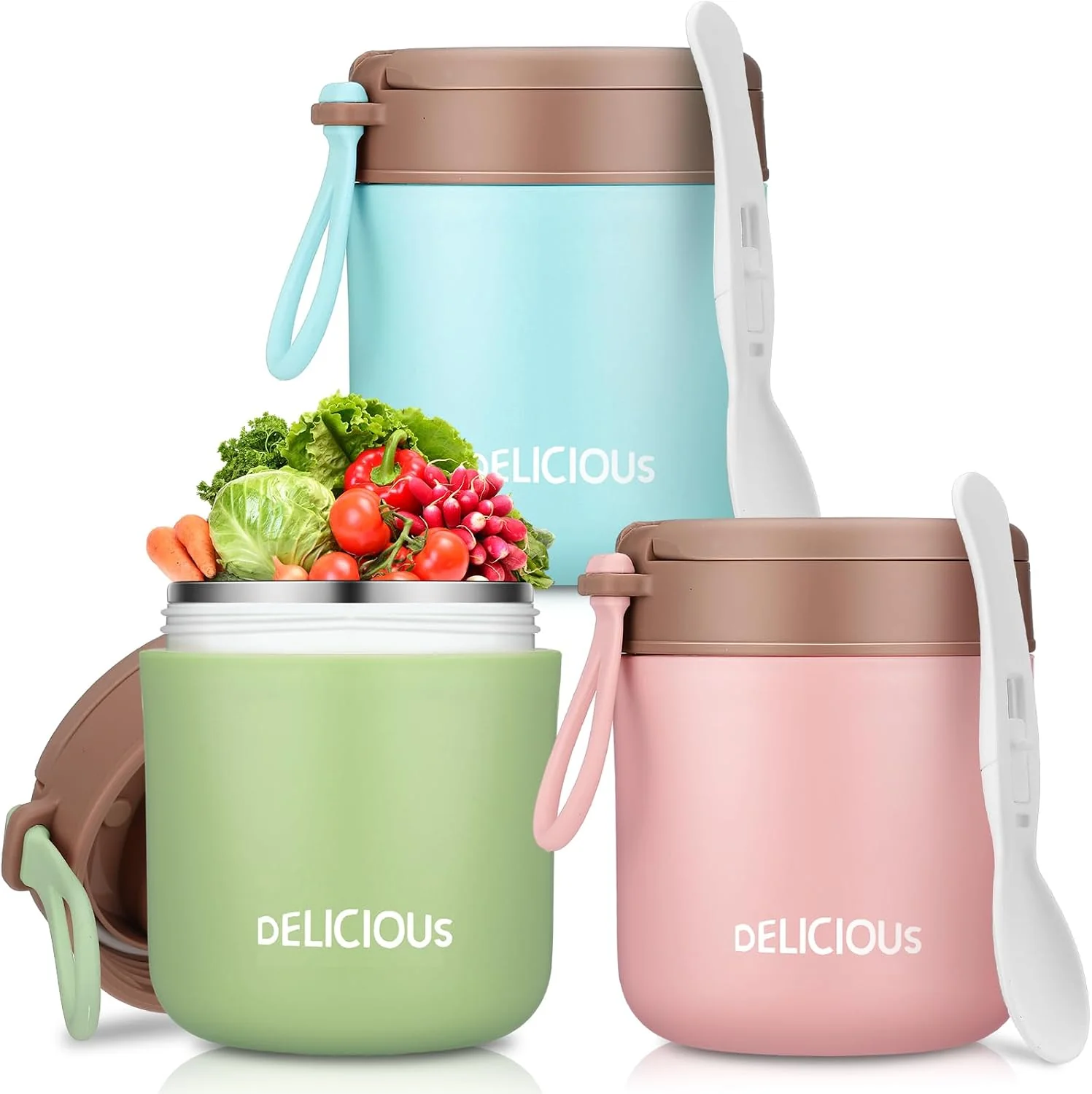 Official 3 Pack Insulated Food Jar Set for Kids 15.2 oz Vacuum Insulated Hot or Cold Lunch Container Stainless Steel Soup Jar Leakproof Wide Mouth with Lid Folding Spoon for School Office Picnic Breathable