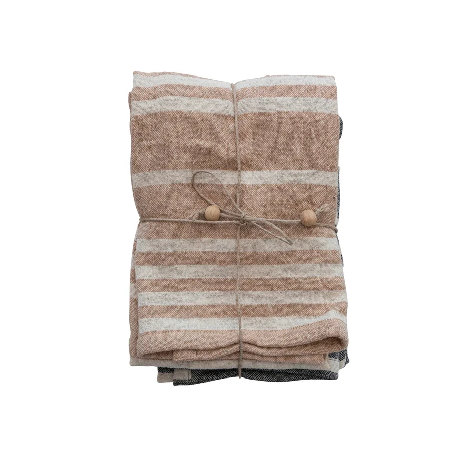 Green Cotton Double Cloth Striped Tea Towels w Jute Wood Bead Tie- Set of 2 Top-Quality