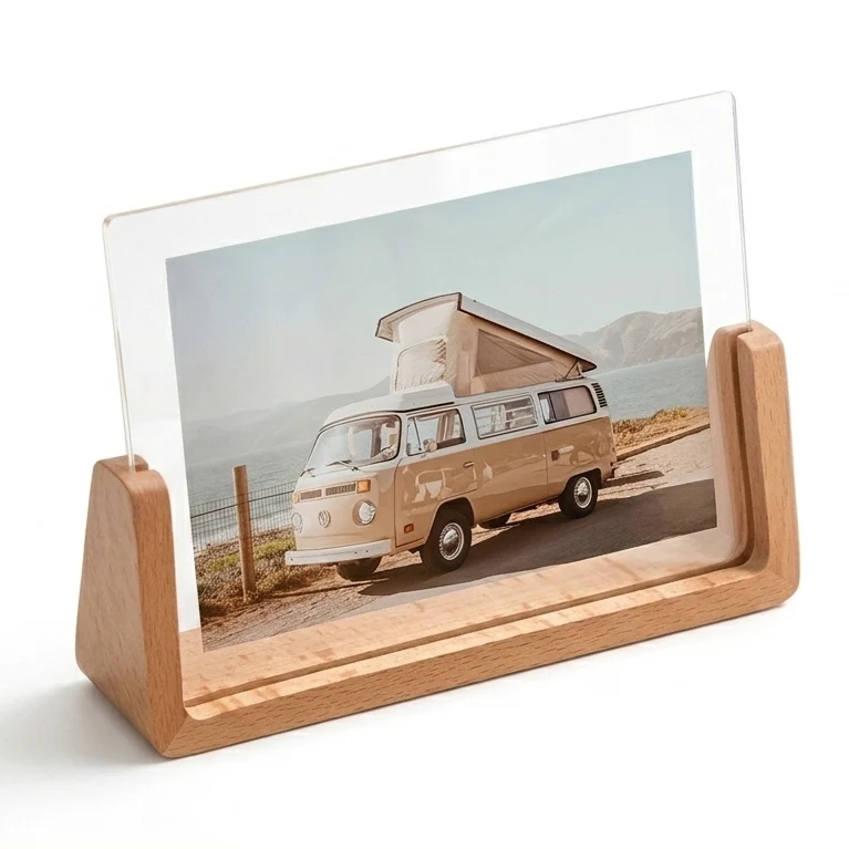 Solid U-Shape Acrylic Photo Frame with Wood Base Flexible