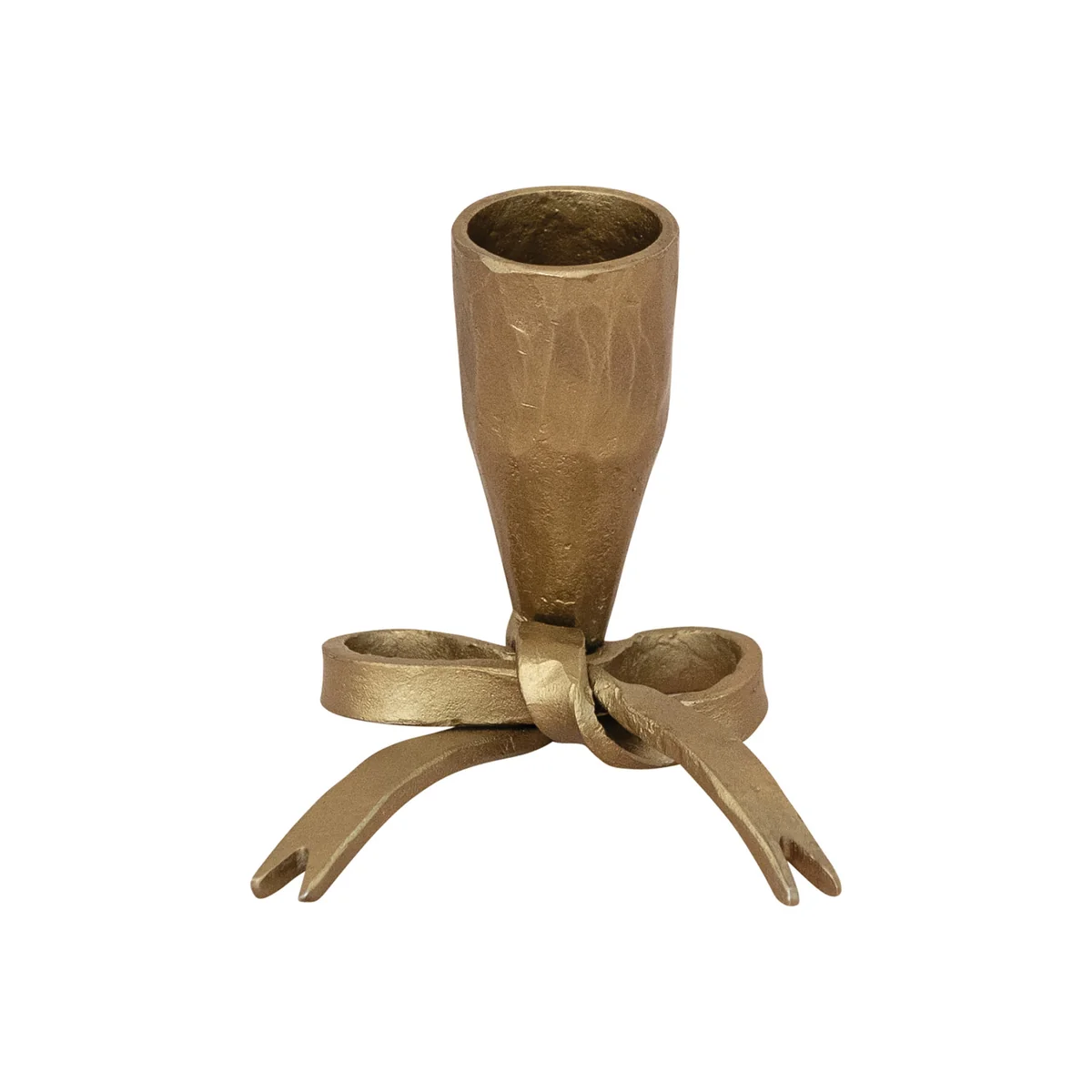 Contemporary Hand-Forged Iron Bow Shaped Taper Holder Antique Gold Finish Authentic