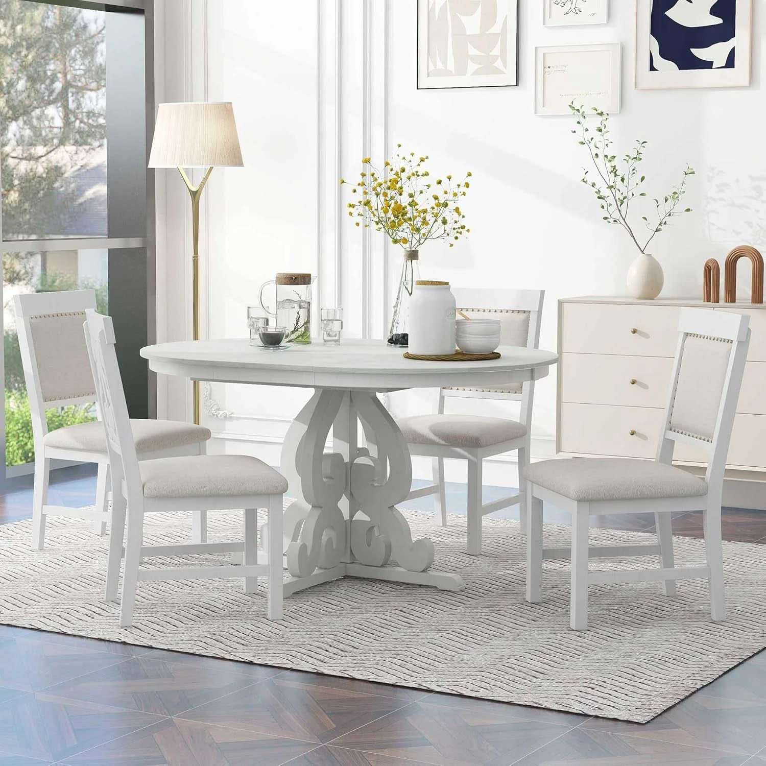 Reusable Round Solid Wood Dining Table Set Four Lightweight