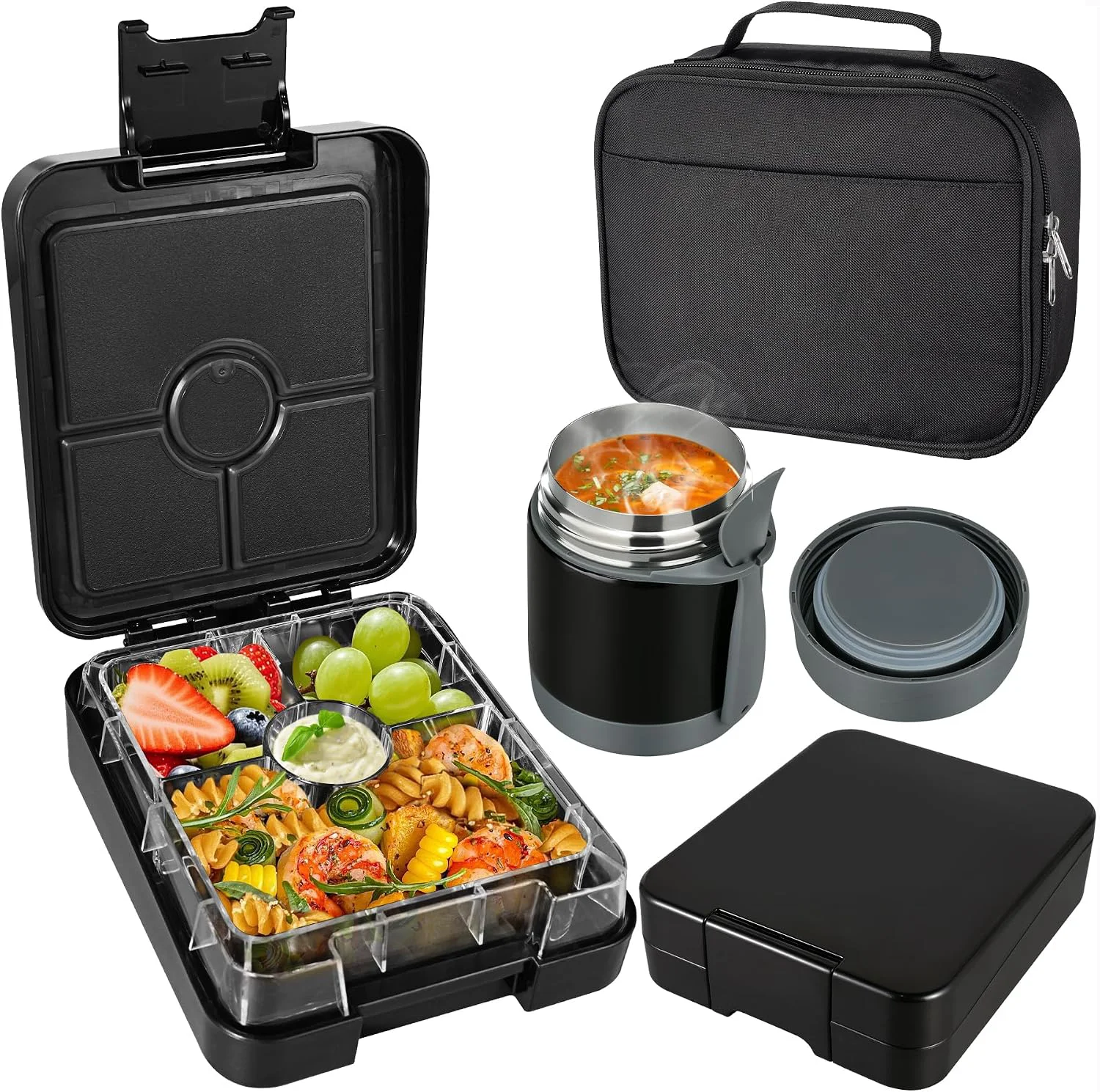 Original Design Pawtong Bento Lunch Box Set With 10oz Soup Thermo Leak-proof Lunch Containers with 4 Compartment Kids Hot Thermo Food Jar Insulation Lunch Bag Food Containers for School Black Contemporary