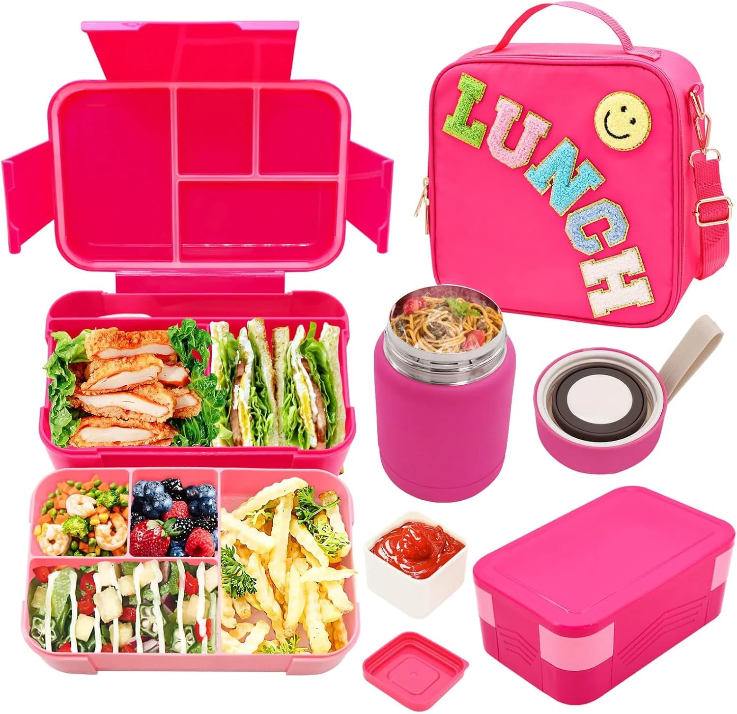 Luxury Bento Lunch Box Set for Kids with 10oz Thermo Food Jar Leak-Proof Lunch Containers with 6 Compartment Smart